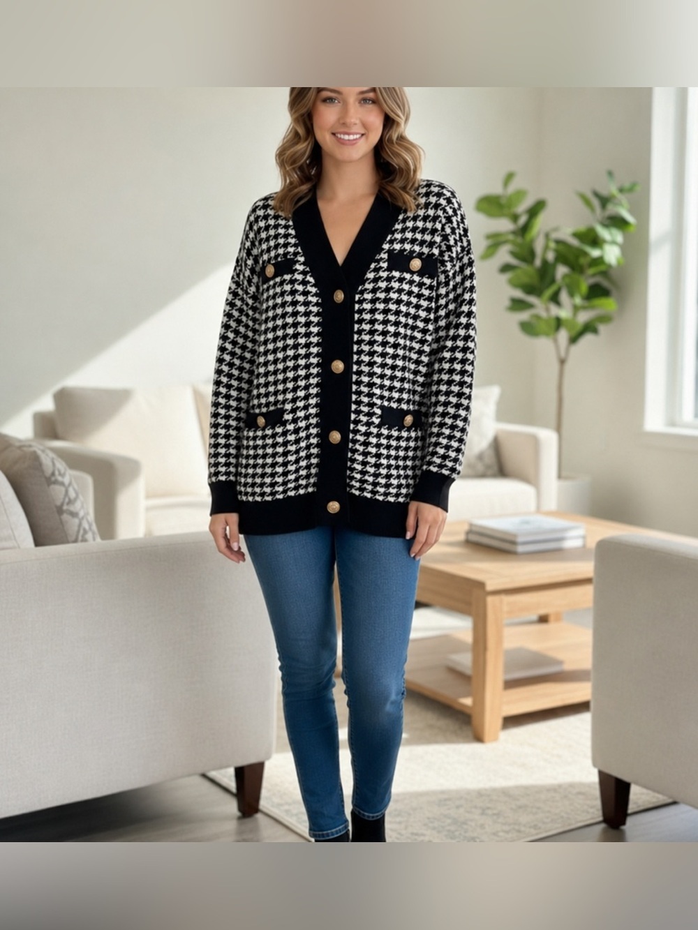 Cyrus Houndstooth Knit Cardigan Sweater Black White  Button down Size  Small